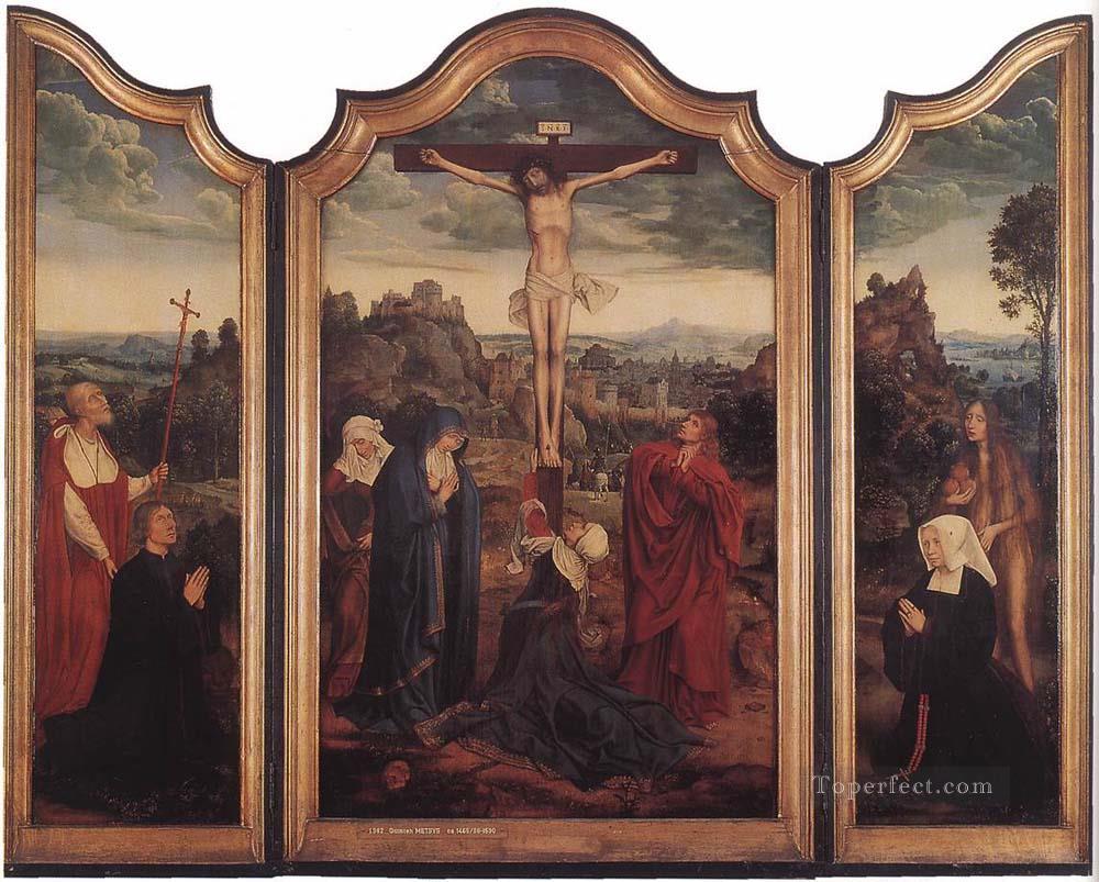 Christ sur la croix avec des donateurs religion Quentin Matsys Peintures à l'huile